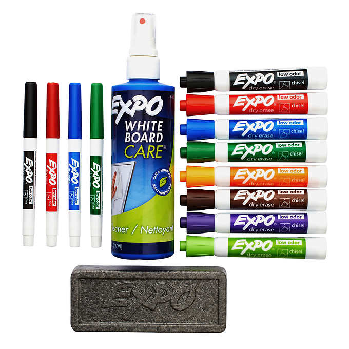 Set of dry erase markers, cleaning solution, and eraser