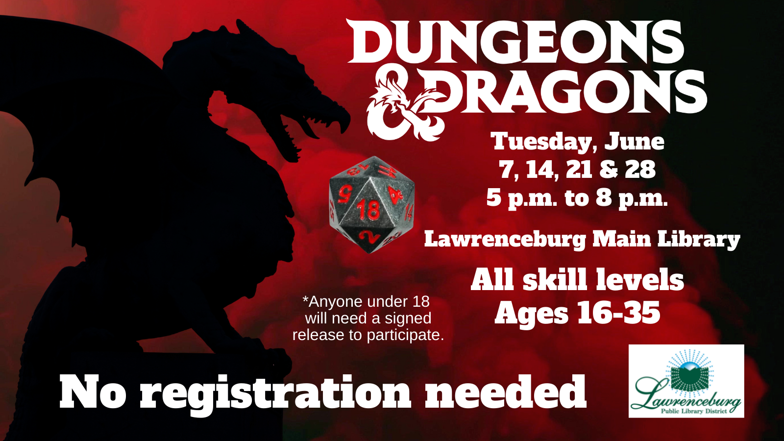 Dragon image with game dice. Dungeons and Dragons. 5 p.m. Tuesday, June 14, Lawrenceburg Main Library. No registration. Ages 16 to 35.
