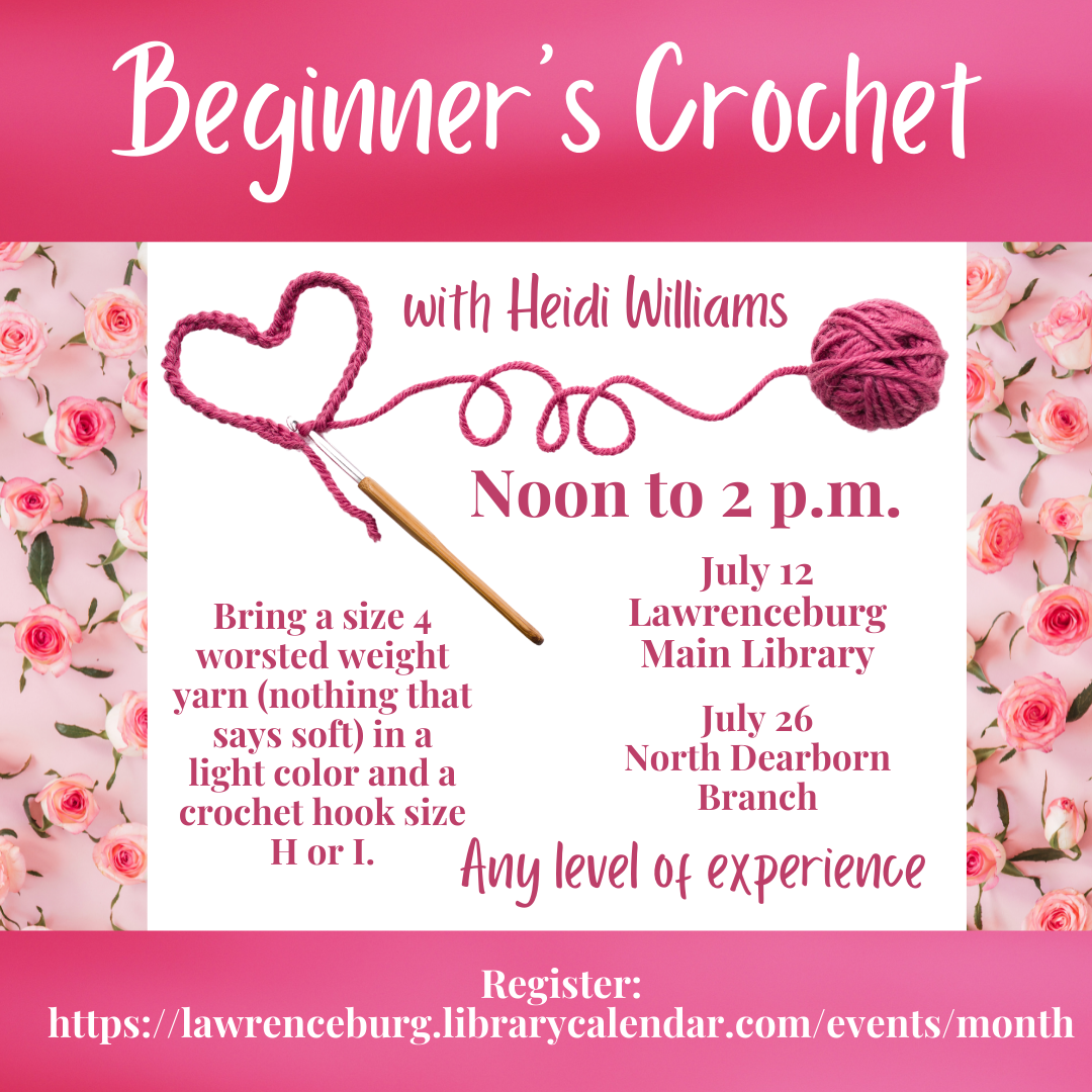 Graphic with yarn and crochet needle with program information.