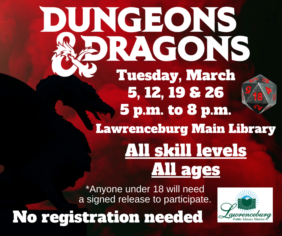 Dungeons and Dragons info with red smoky background and dragon shadow image.