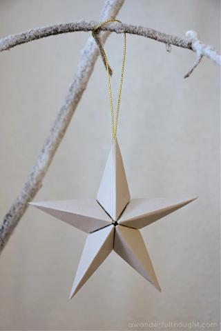 A white thin pointed paper star hanging from a white bark branch.