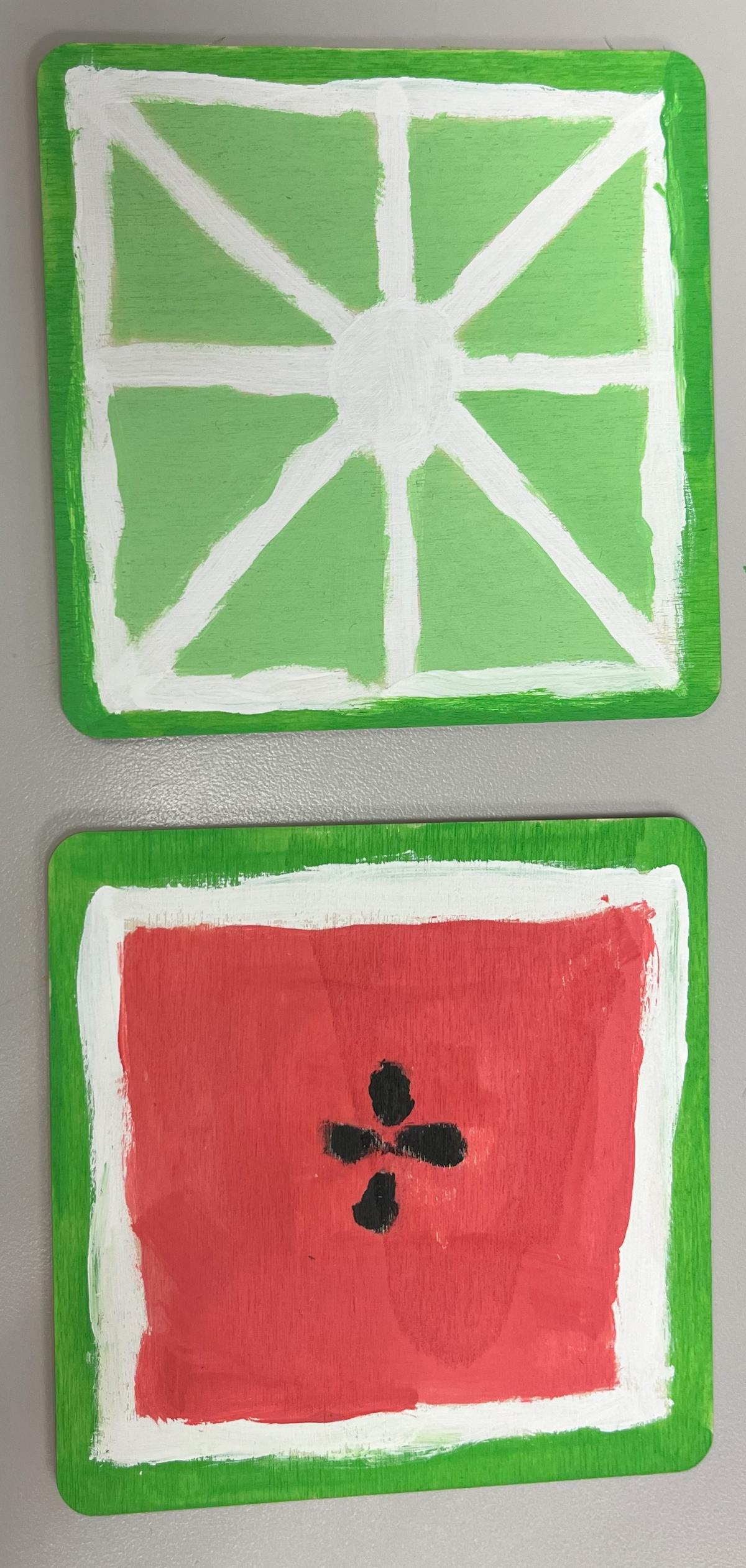 Coasters painted to look like a lime and a watermelon