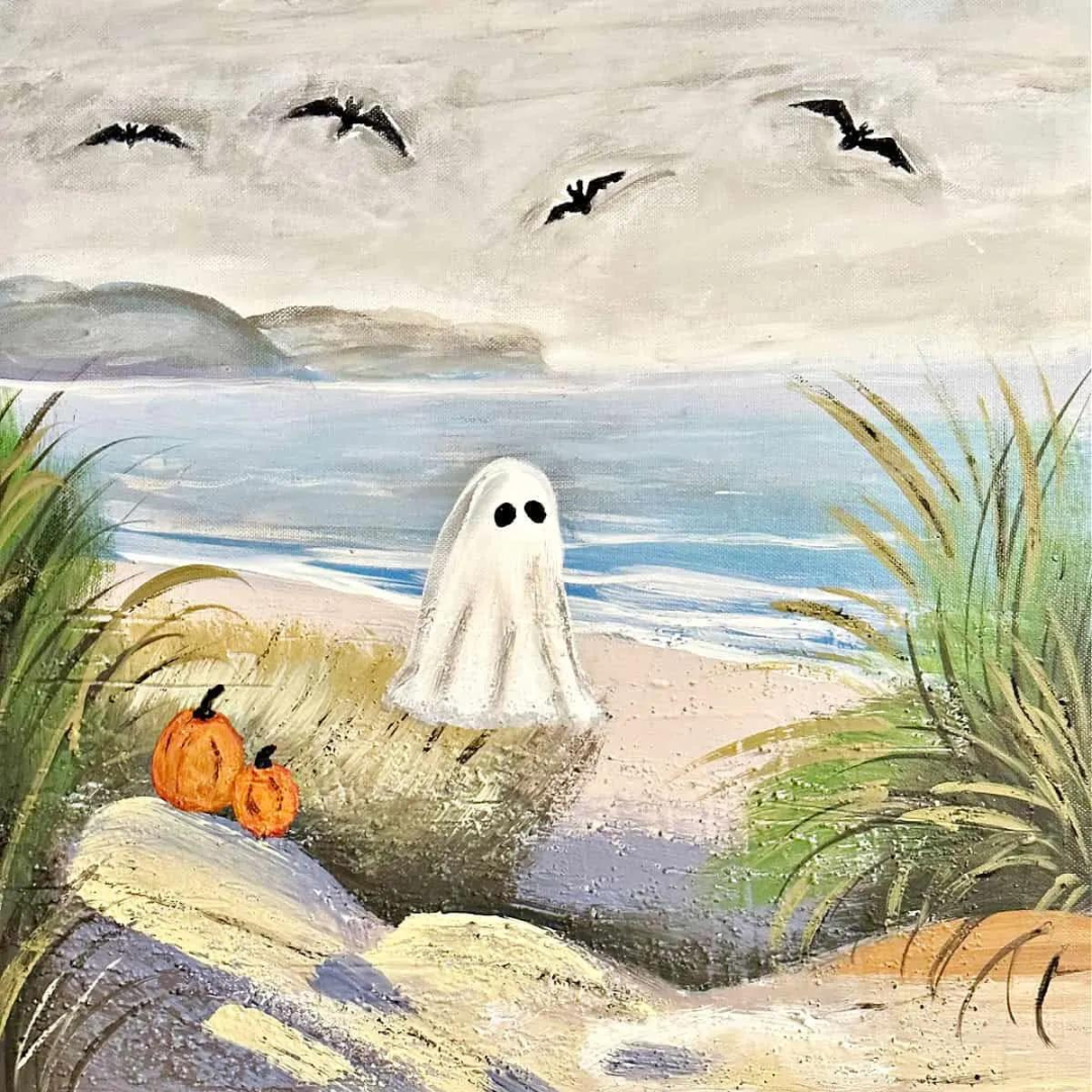 Painting of a ghost walking on a beach