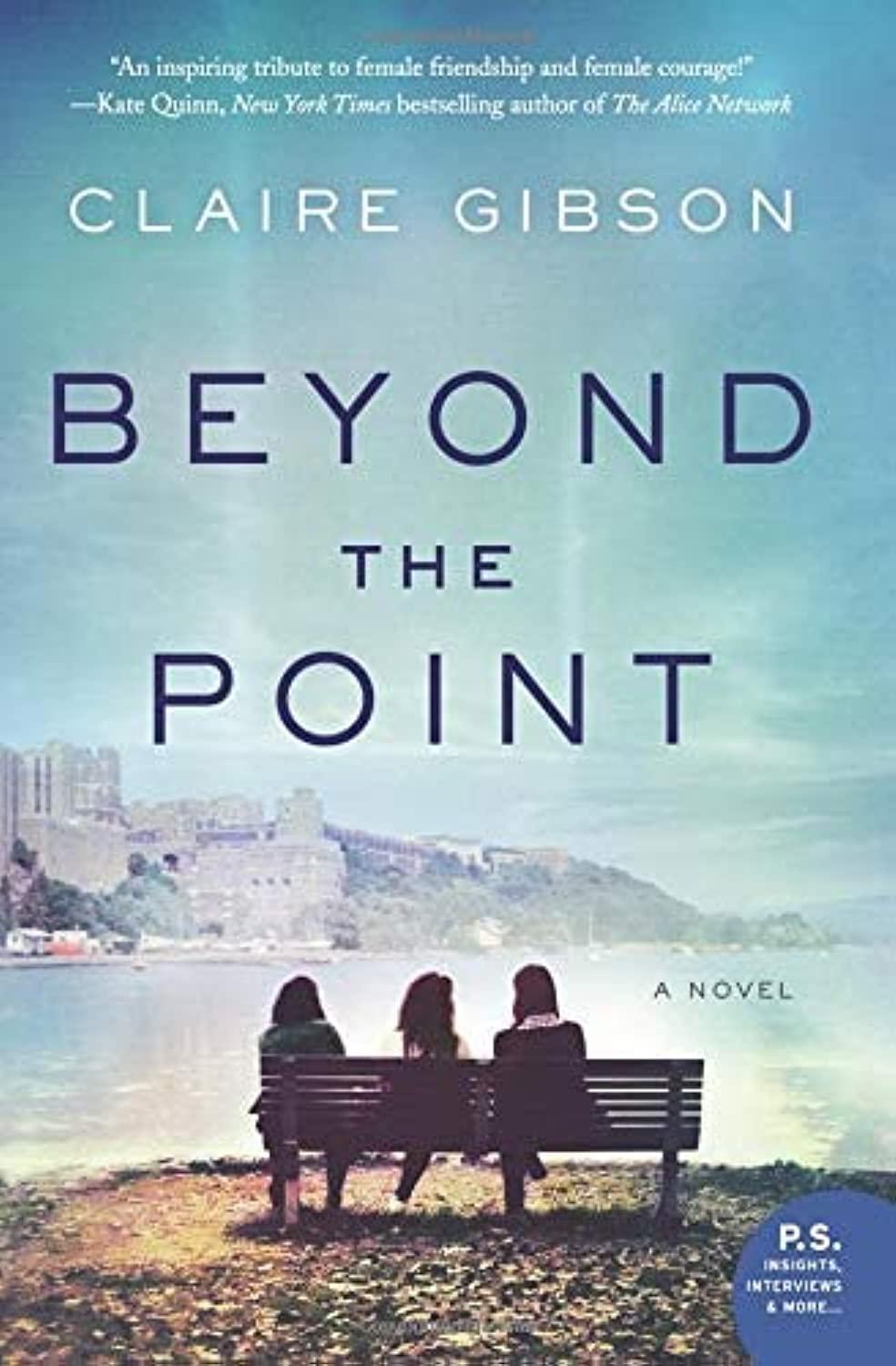 Book cover for Beyond the Point by Claire Gibson- three people on a beach sitting on a bench