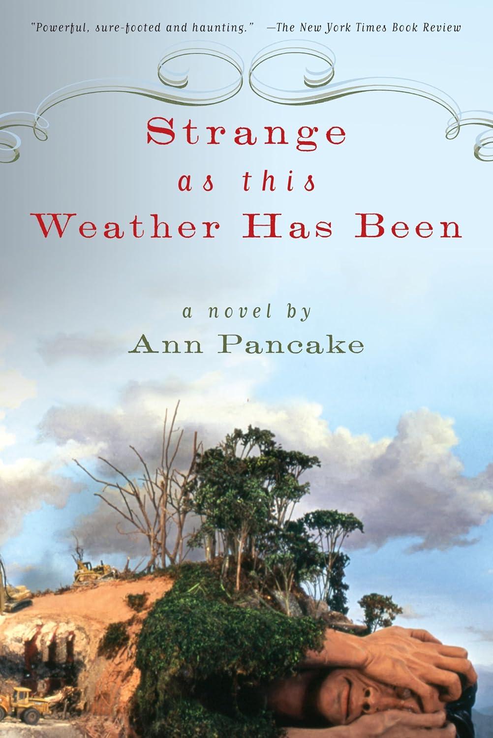 Cover of Strange as this Weather Has Been by Ann Pancake with image of a cliff with a few trees.