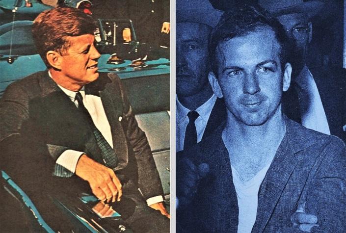 Side-by-side photos of John F. Kennedy and Lee Harvey Oswald.